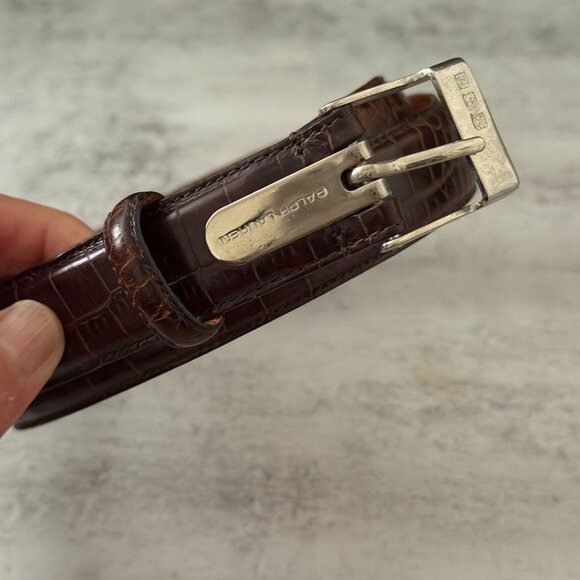 Vintage Ralph Lauren Brown Leather Embossed Crocodile Belt Silver Tone Buckle M